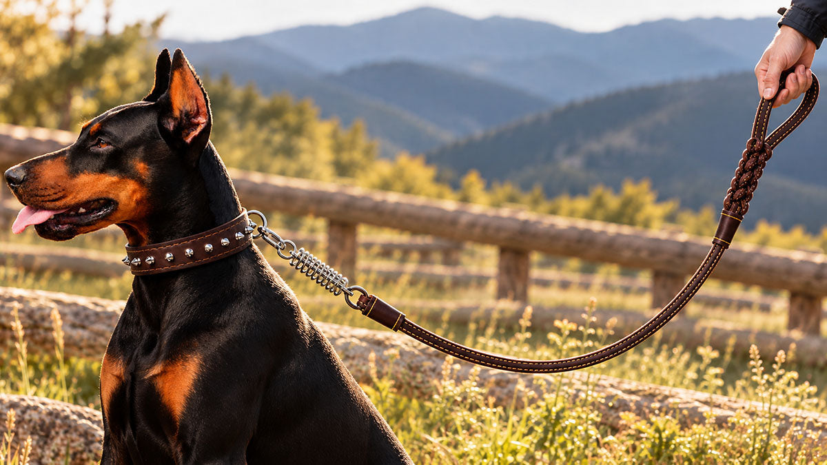 Full-grain leather and braided rope dog leashes with stainless steel shock-absorbing springs