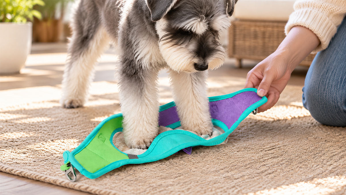 Dog stepping into a step-in harness through the front leg openings for an everyday walk