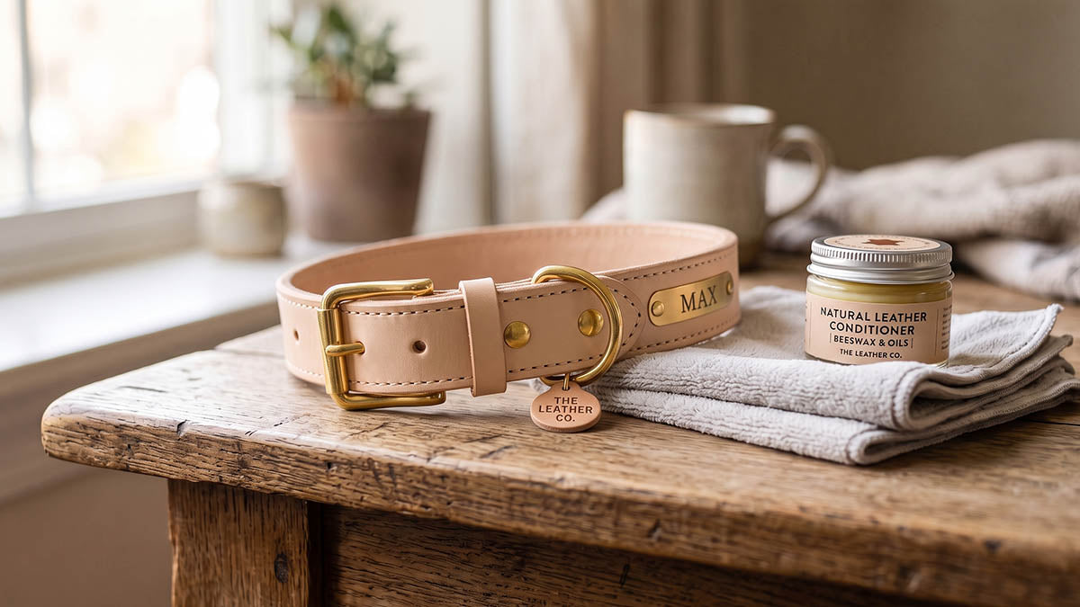 Vegetable-tanned leather dog collar being cleaned and conditioned to prevent cracking