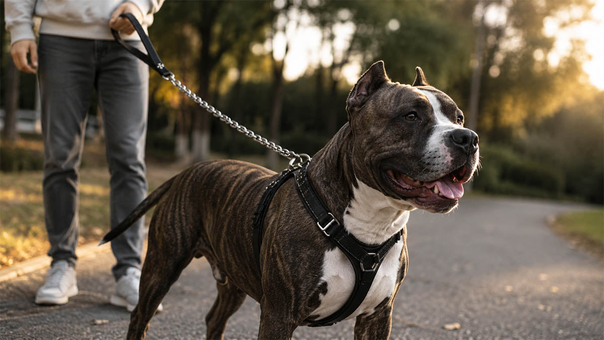 Leather-handle stainless steel chain dog leash for everyday walking control