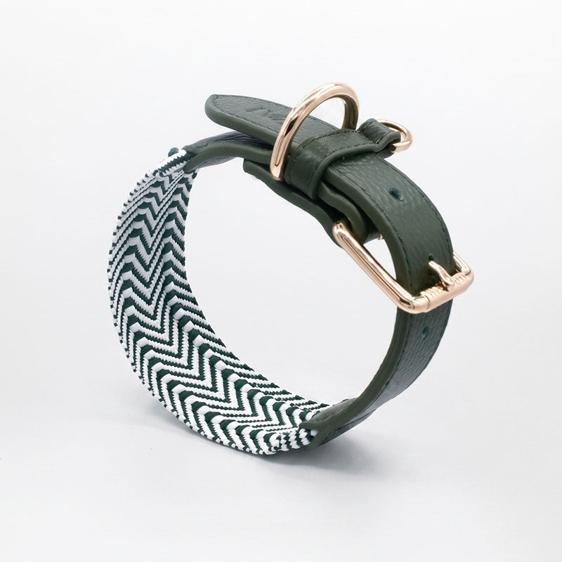 Premium Cotton Webbing & Green Leather Dog Collar | Comfortable Reinforced Collar with Matching Leash Option