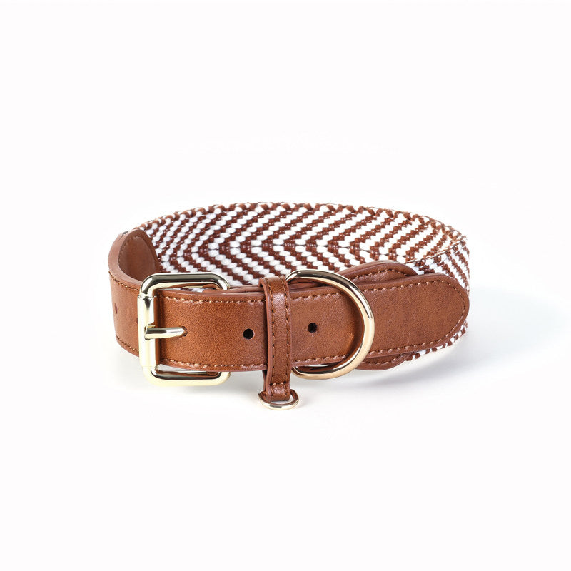Premium Cotton Webbing & Brown Leather Dog Collar | Comfortable Reinforced Collar with Matching Leash Option