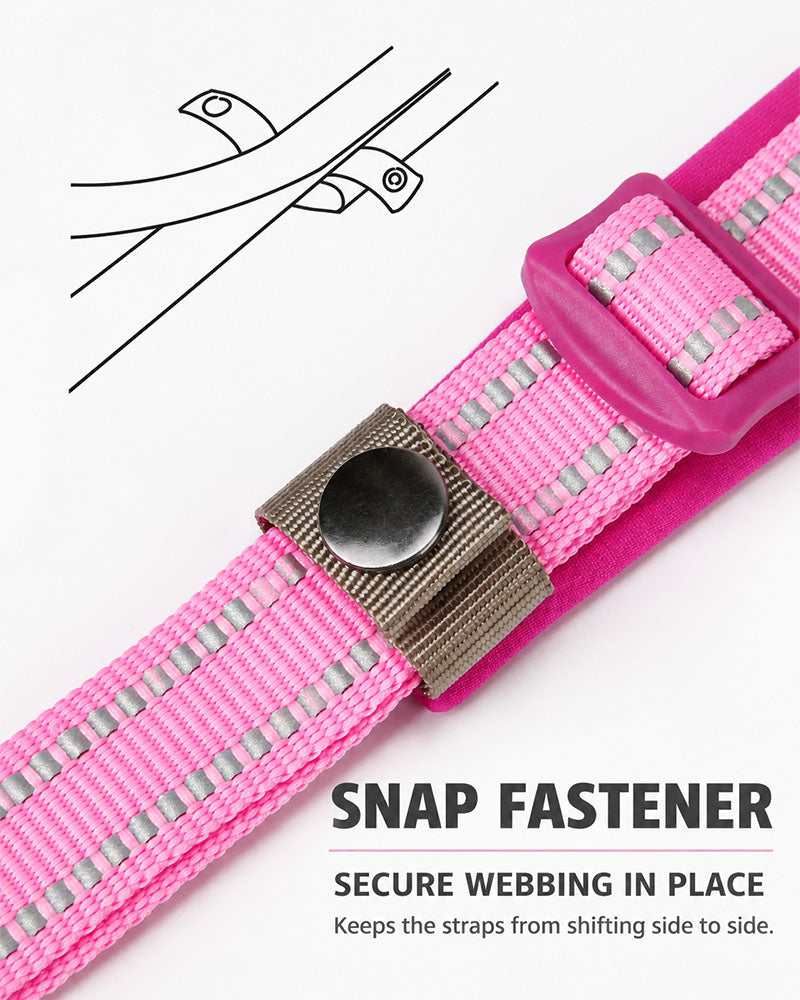 Close-up of snap fastener securing webbing on a pink reflective padded dog collar