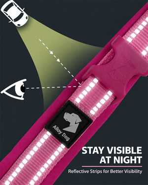 Pink reflective padded dog collar with reflective strips highlighted for night visibility