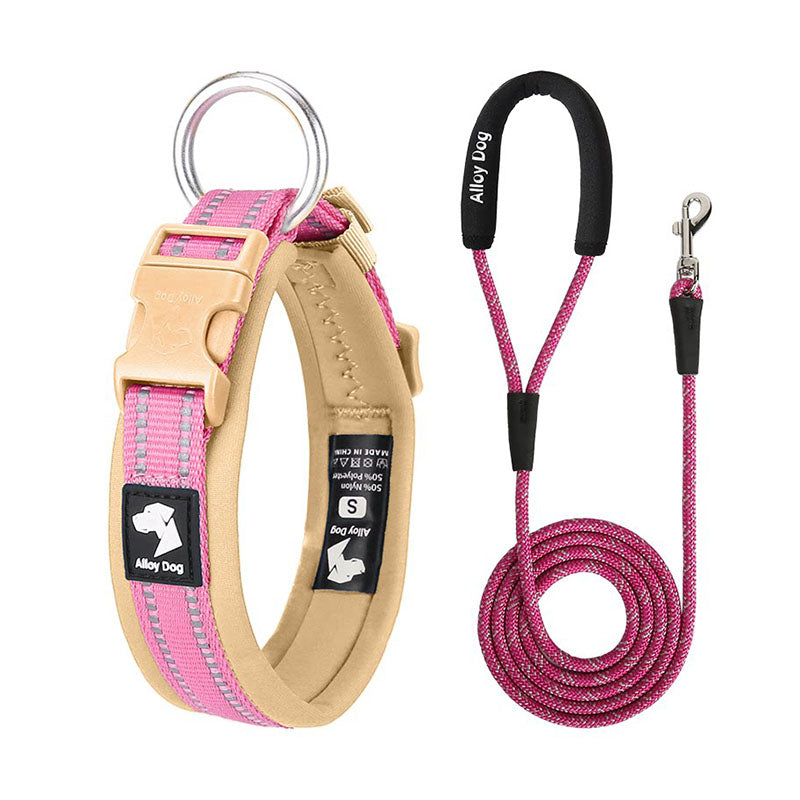 Candy Pink and Beige reflective padded dog collar with matching rope leash and foam handle