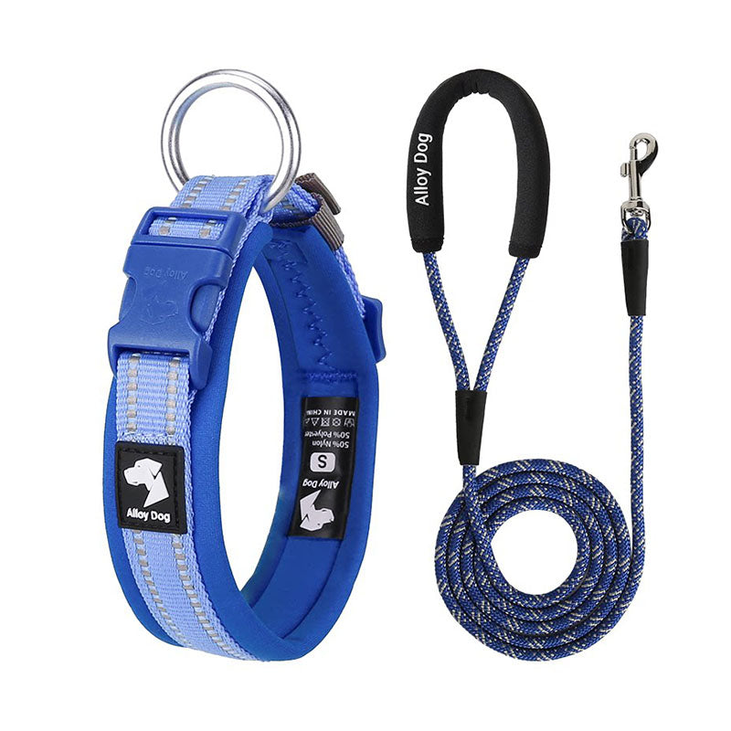 Midnight Navy and Ice Blue reflective padded dog collar with matching rope leash and foam handle