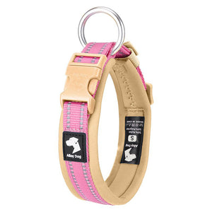 Reflective padded dog collar in Candy Pink and Beige with neoprene lining and dual reflective strips