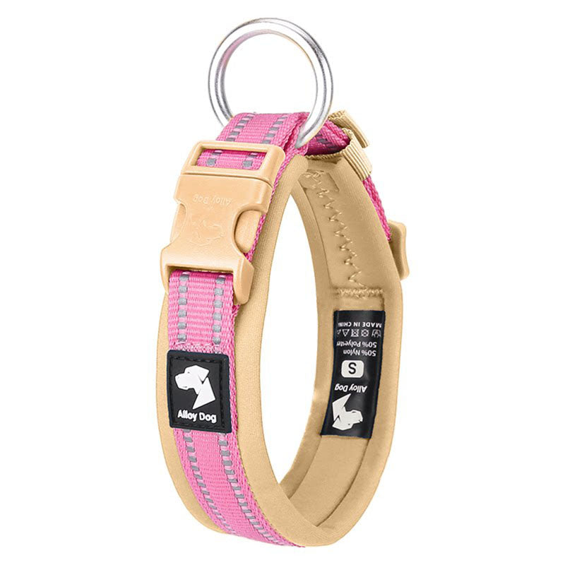Reflective padded dog collar in Candy Pink and Beige with neoprene lining and dual reflective strips