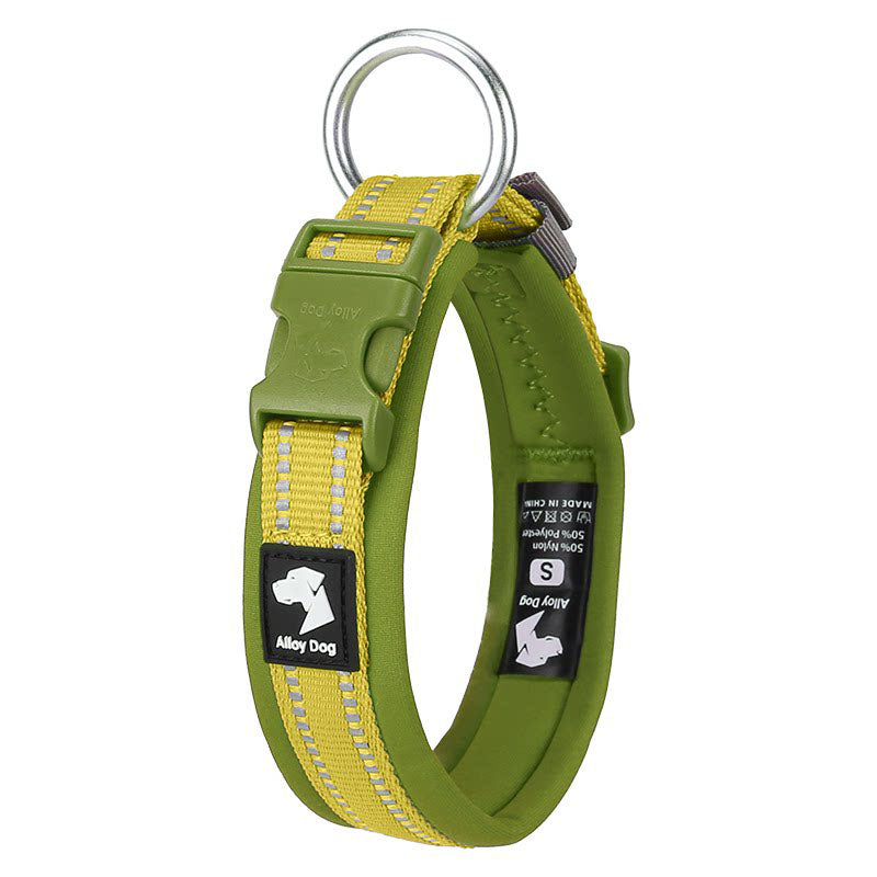 Reflective padded dog collar in Lemon Yellow and Sage Green with neoprene lining and dual reflective strips