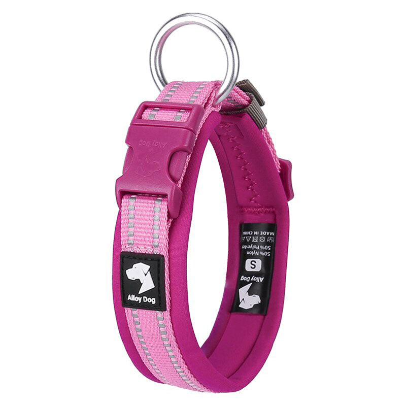 Reflective padded dog collar in Raspberry Pink and Candy Pink with neoprene lining and dual reflective strips