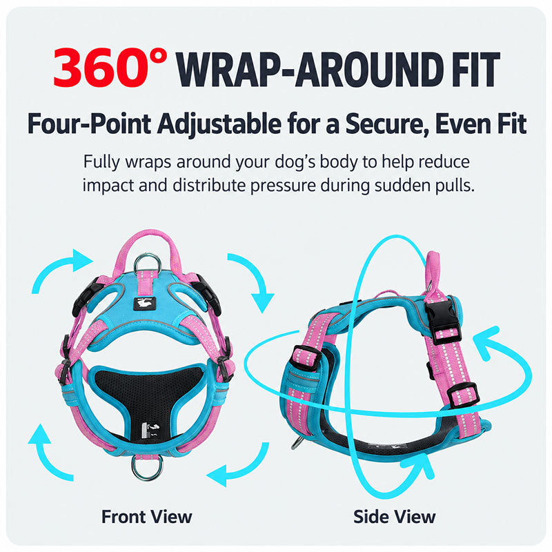Front and side views of the wrap-around dog harness with four adjustable strap points