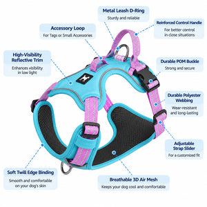 Labeled diagram of the dog harness features: metal D-ring, control handle, POM buckles, reflective trim, and air mesh lining