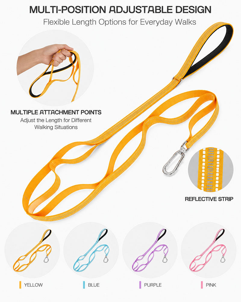 Multi-position adjustable reflective dog leash with padded handle included in the harness and leash set
