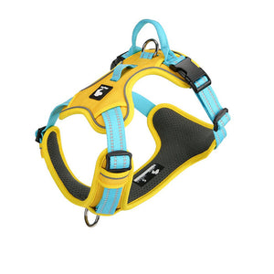 Adjustable reflective dog harness in Yellow / Turquoise with front and back D-rings and top handle