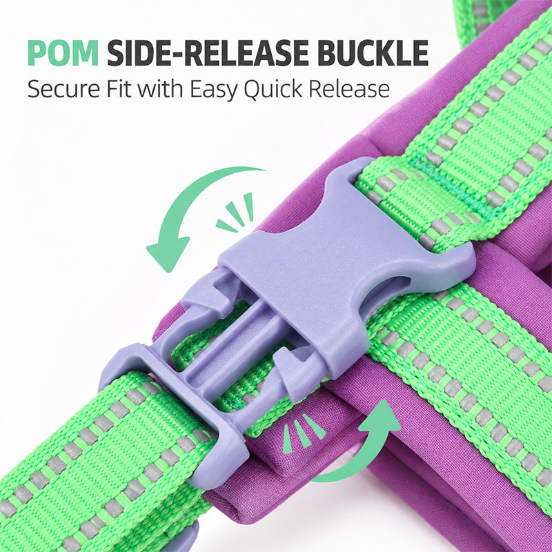 Close-up of the POM side-release buckle on the padded dog harness for quick on and off