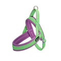 Reflective padded dog harness in Lime Green / Grape Purple with back leash ring and control handle