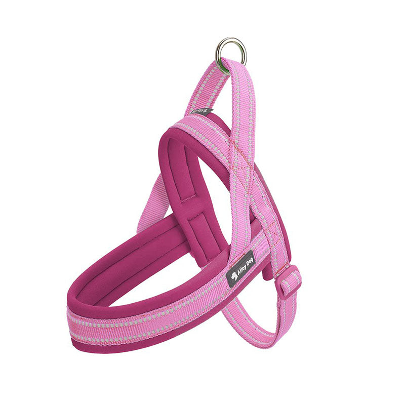 Reflective padded dog harness in Raspberry Pink / Candy Pink with back leash ring and control handle