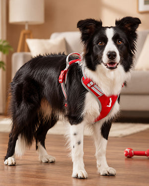 Black and white Border Collie wearing a Red / Light Gray padded dog harness while standing indoors.