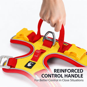 Close-up of the reinforced control handle on a Red / Yellow dog harness, held by hand to demonstrate close control.