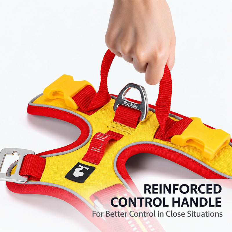 Close-up of the reinforced control handle on a Red / Yellow dog harness, held by hand to demonstrate close control.