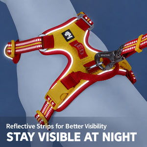 Red / Yellow reflective dog harness showing high-visibility reflective strips along the adjustable webbing straps.
