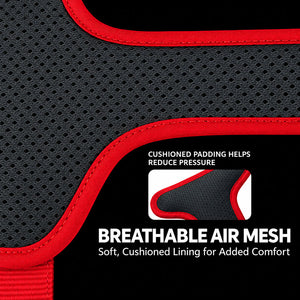 Close-up of breathable black 3D air mesh lining with red fabric edge binding on a padded dog harness.