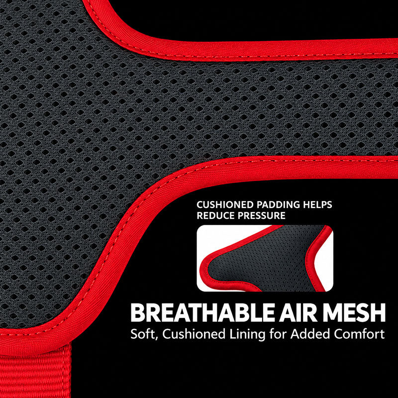 Close-up of breathable black 3D air mesh lining with red fabric edge binding on a padded dog harness.