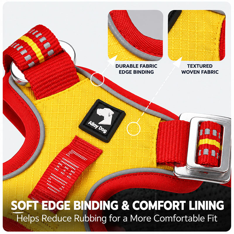 Close-up of Red / Yellow dog harness showing durable fabric edge binding, textured woven fabric and reinforced stitching.