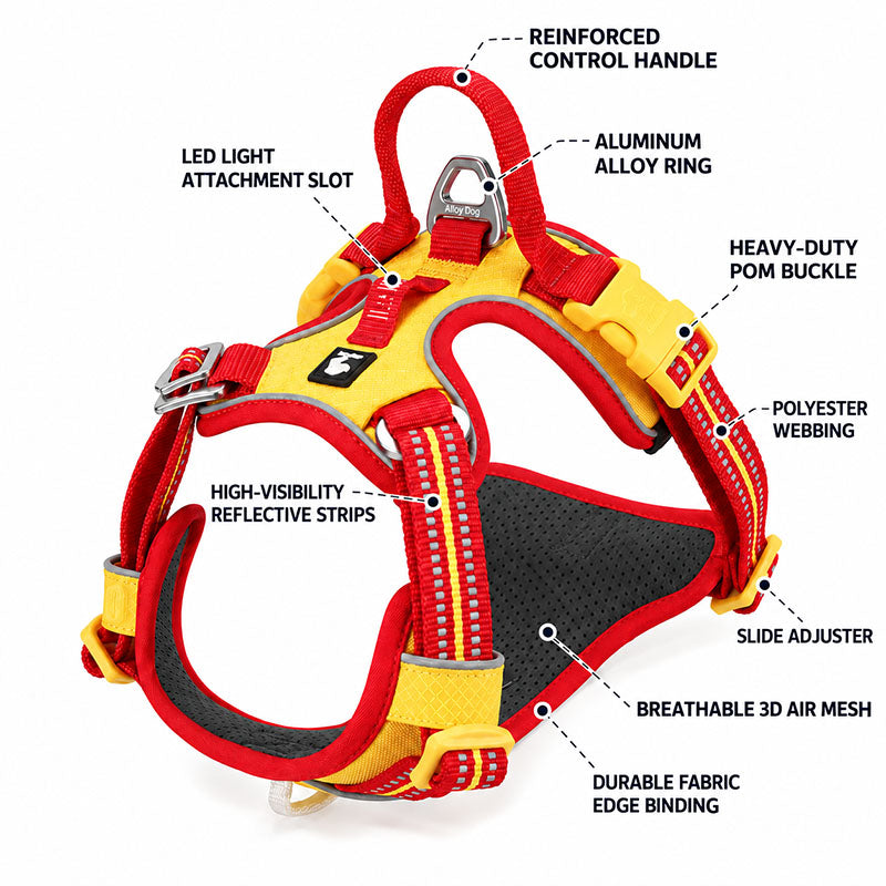 Red / Yellow dog harness detail diagram showing adjustable straps, reinforced control handle, metal rings and breathable mesh lining.