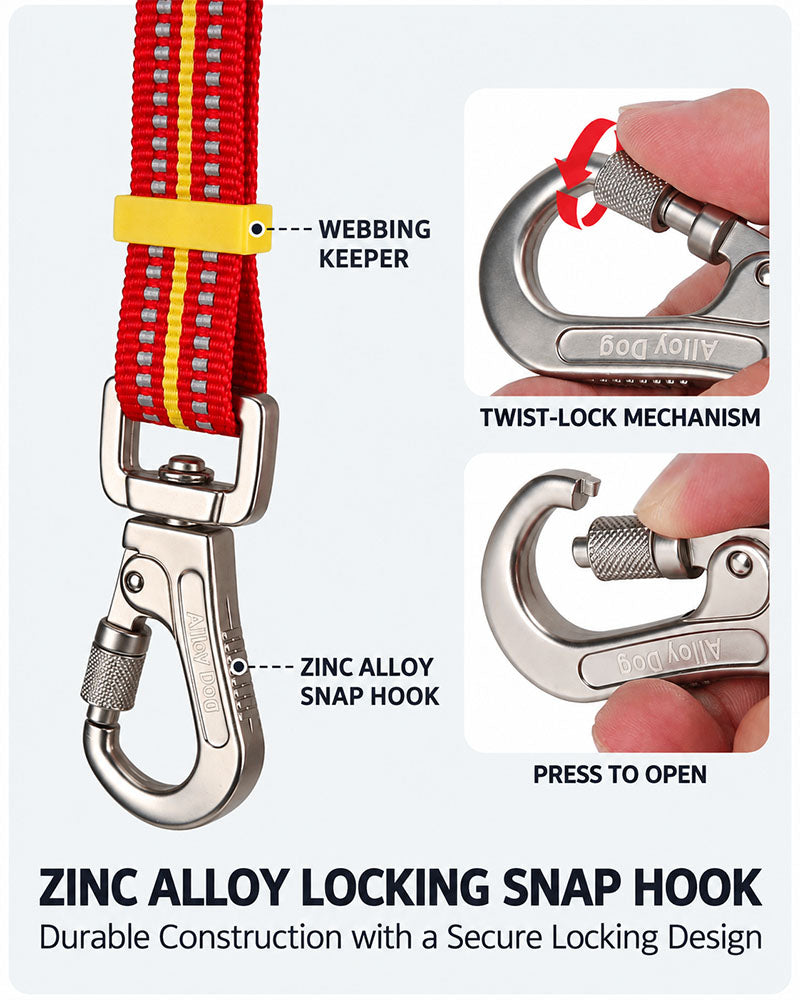 Close-up of zinc alloy locking snap hook on a reflective dog leash, showing the twist-lock mechanism and press-to-open design.
