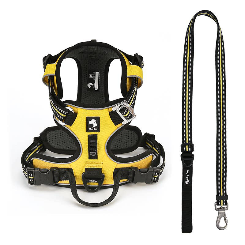 Black / Yellow dog harness and matching adjustable reflective leash set with padded mesh lining and metal leash clip.Black / Yellow dog harness and matching adjustable reflective leash set with padded mesh lining and metal leash clip.