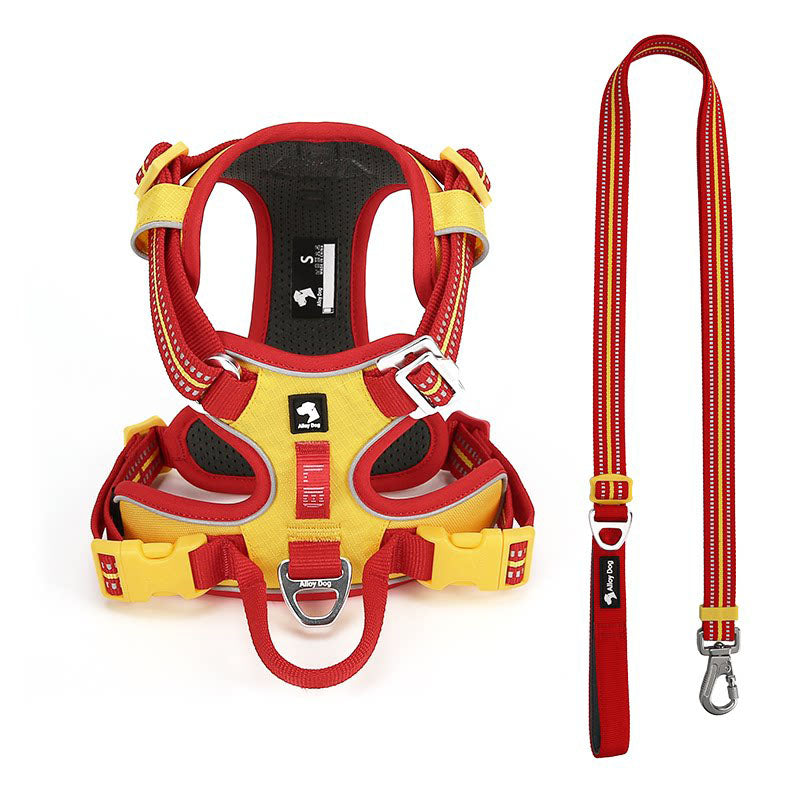 Red / Yellow adjustable dog harness and matching reflective leash set with padded mesh lining and metal snap hook.