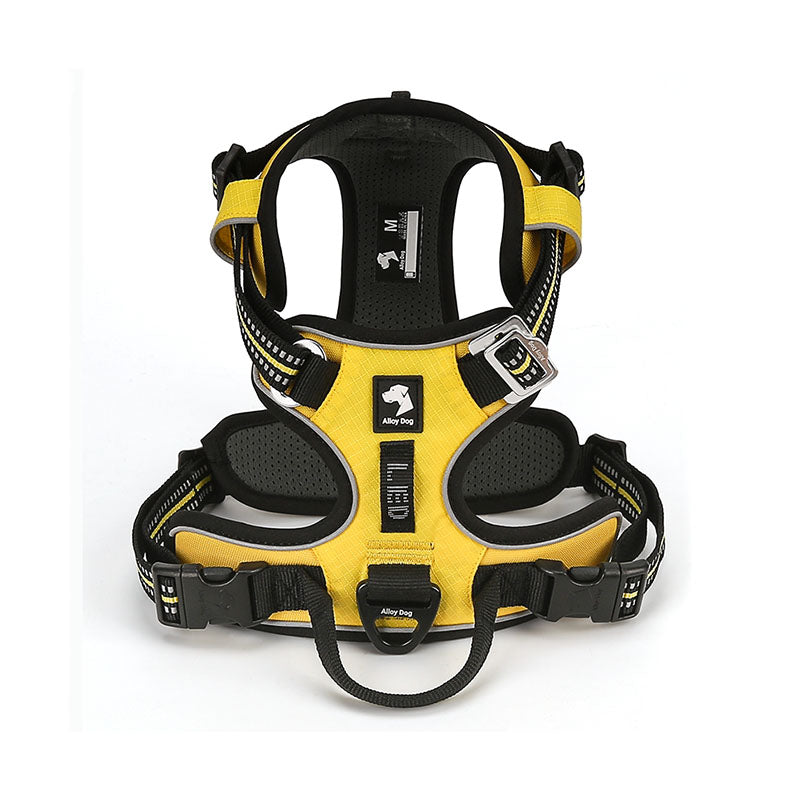 Black / Yellow adjustable dog harness with breathable mesh padding, reflective straps and front leash attachment ring.