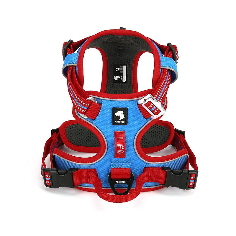 Red / Bright Blue adjustable dog harness with breathable mesh lining, reinforced control handle and reflective webbing.