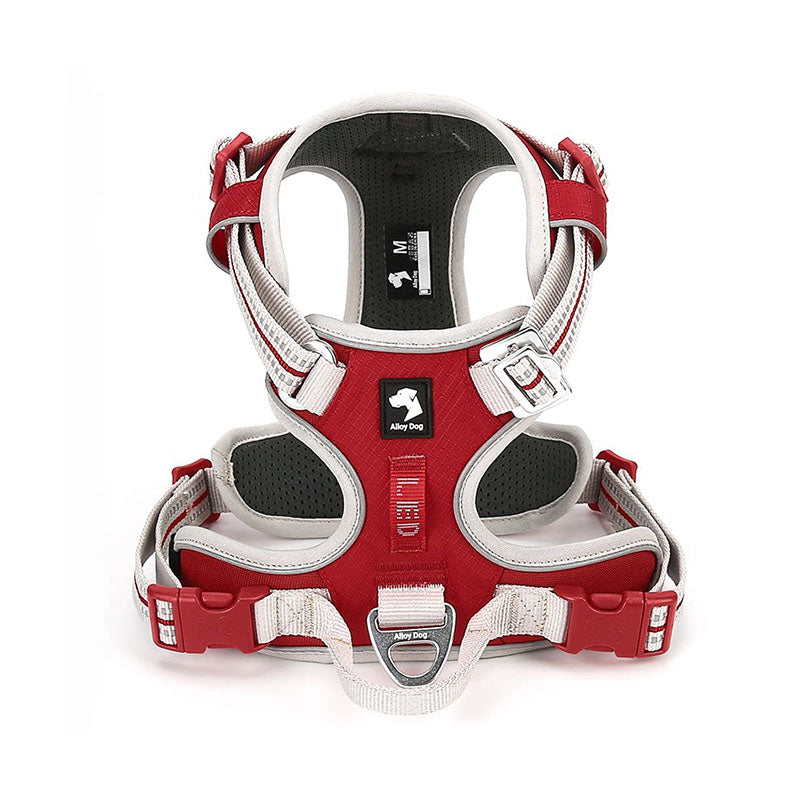 Red / Light Gray dog harness with breathable mesh padding, adjustable buckles and front leash attachment ring.