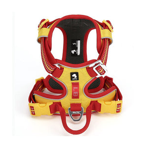 Red / Yellow adjustable dog harness featuring breathable mesh lining, reflective webbing and reinforced control handle.