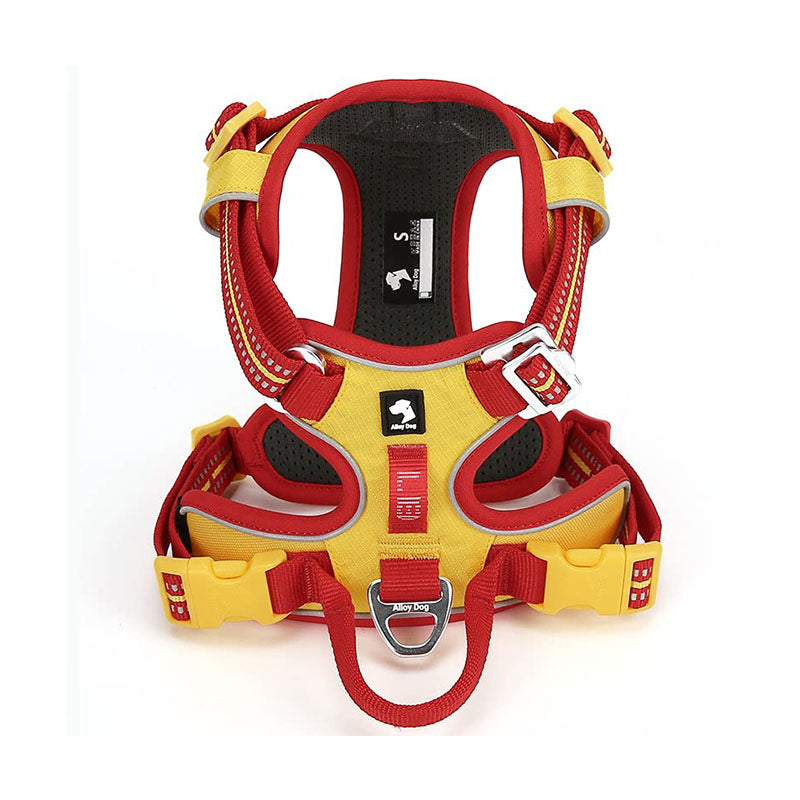 Red / Yellow adjustable dog harness featuring breathable mesh lining, reflective webbing and reinforced control handle.