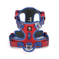 Royal Blue / Red padded dog harness with adjustable straps, reflective trim and front leash attachment ring.