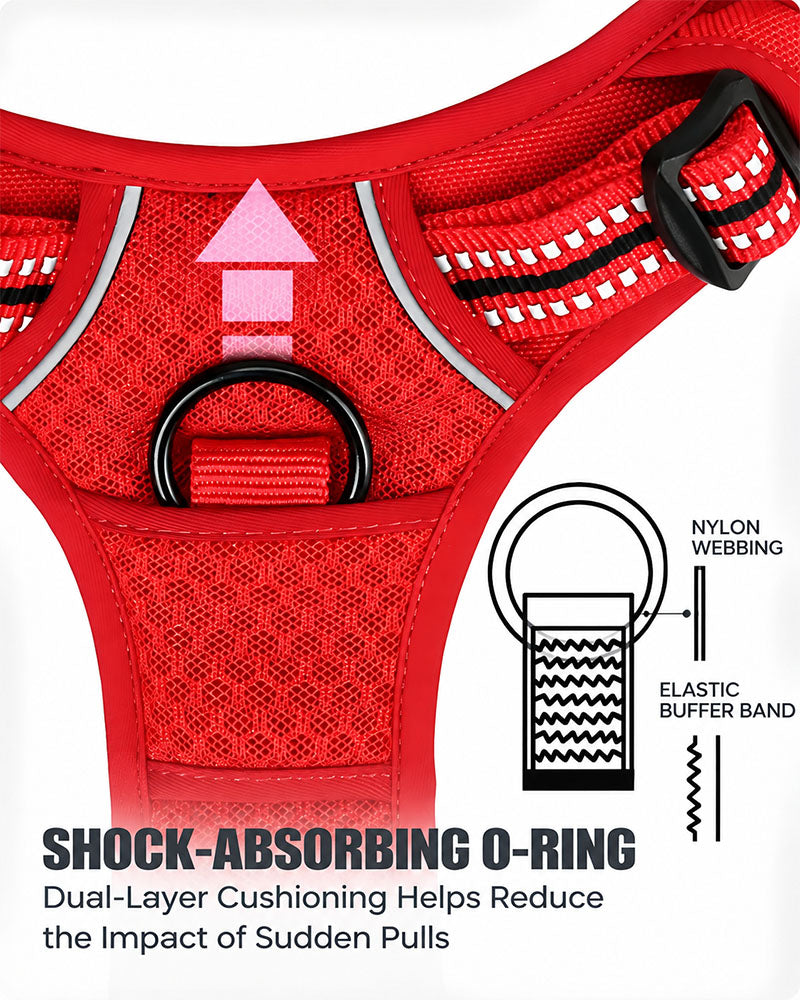 Close-up of the red dog harness shock-absorbing O-ring with a diagram illustrating the cushioning structure