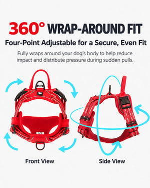 Reflective dog harness with a 360-degree wrap-around fit and adjustable straps for a secure, even fit