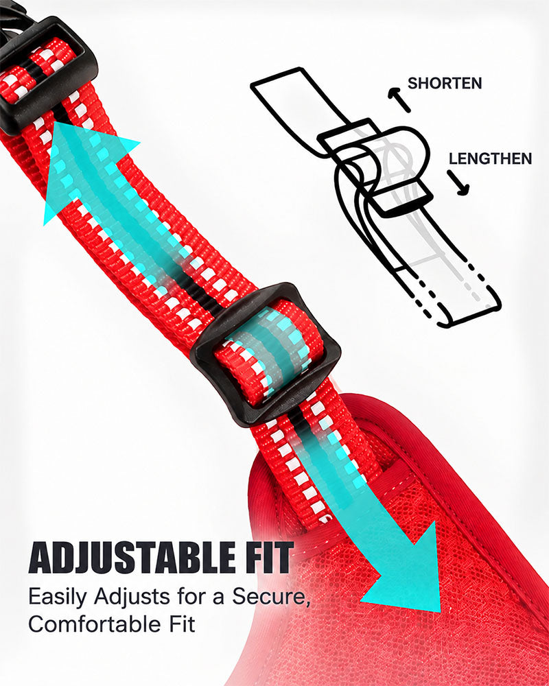 Close-up of the adjustable dog harness strap and buckle showing how to shorten or lengthen the fit
