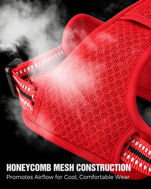 Close-up of the honeycomb mesh construction on a red dog harness designed to promote airflow