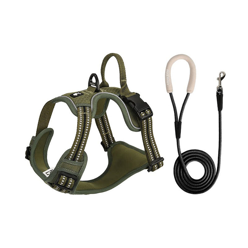 Army green reflective dog harness and matching leash set with padded chest panel and adjustable straps