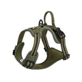 Army green reflective dog harness with neoprene padding, adjustable straps and reinforced control handle