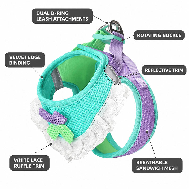 Mint and lavender mesh dog harness detail showing dual D-ring attachments, a rotating buckle, reflective trim, fabric edge binding, and white lace ruffles.