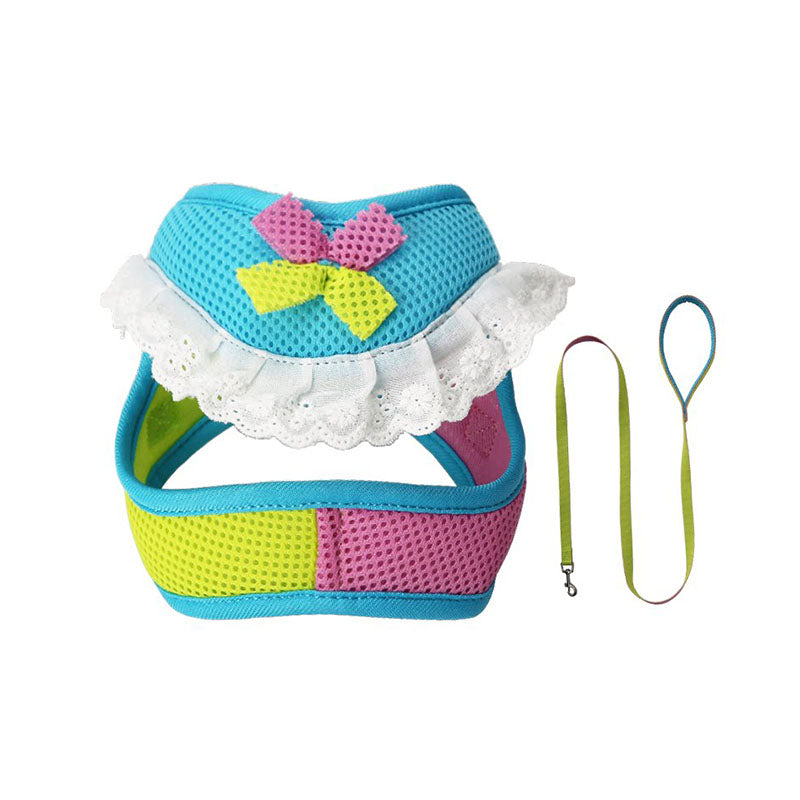 Aqua blue and lime green mesh dog harness and matching leash with pink accents, a bow, and white lace ruffle trim.