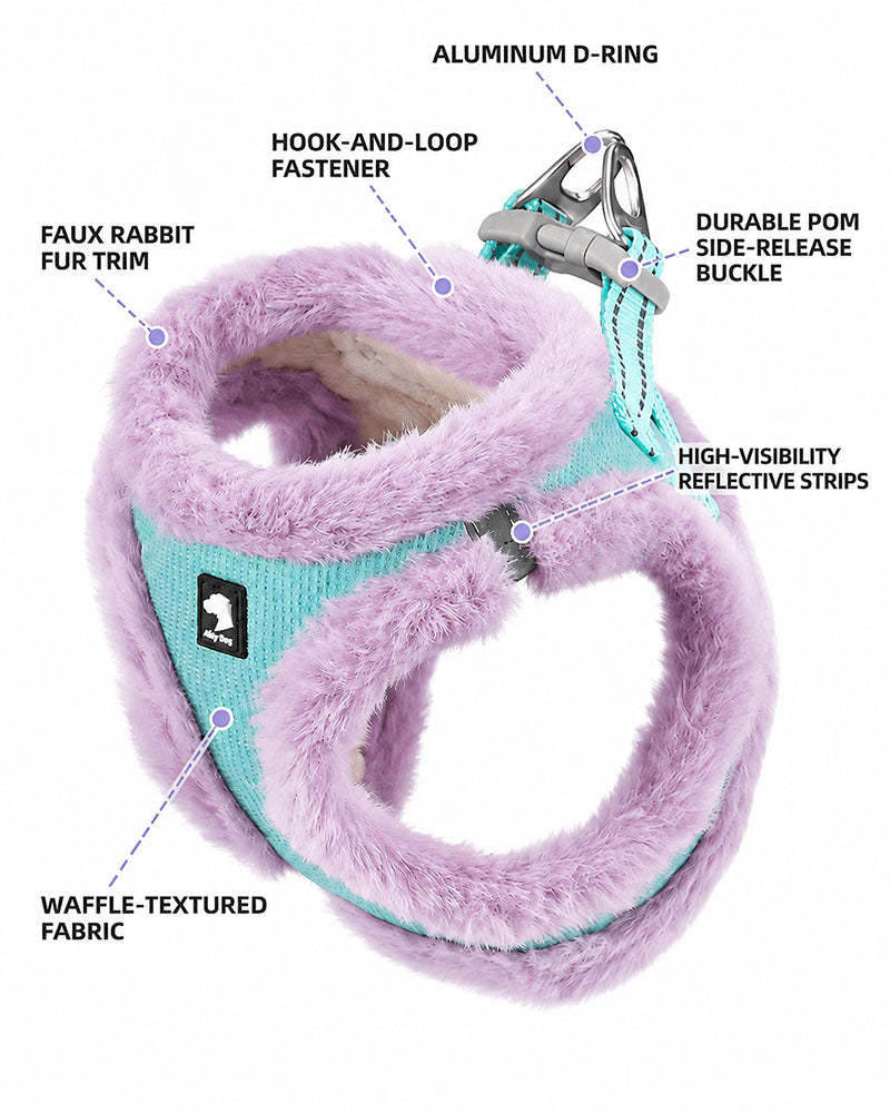 Mint Turquoise and Lilac plush dog harness feature diagram highlighting faux rabbit fur trim, waffle-textured fabric, reflective strips, hook-and-loop fastener, aluminum D-ring and POM buckle.