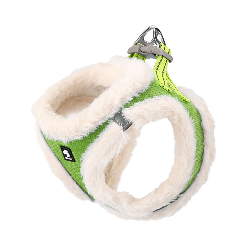 Lime Green and Cream faux fur dog harness with soft plush trim, waffle-textured fabric and an aluminum D-ring on a white background.