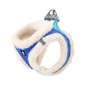 Royal Blue and Cream faux fur dog harness with soft plush trim, waffle-textured fabric and an aluminum D-ring on a white background.