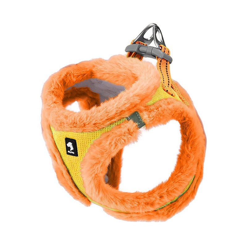 Yellow and Orange faux fur dog harness with soft plush trim, waffle-textured fabric and an aluminum D-ring on a white background.
